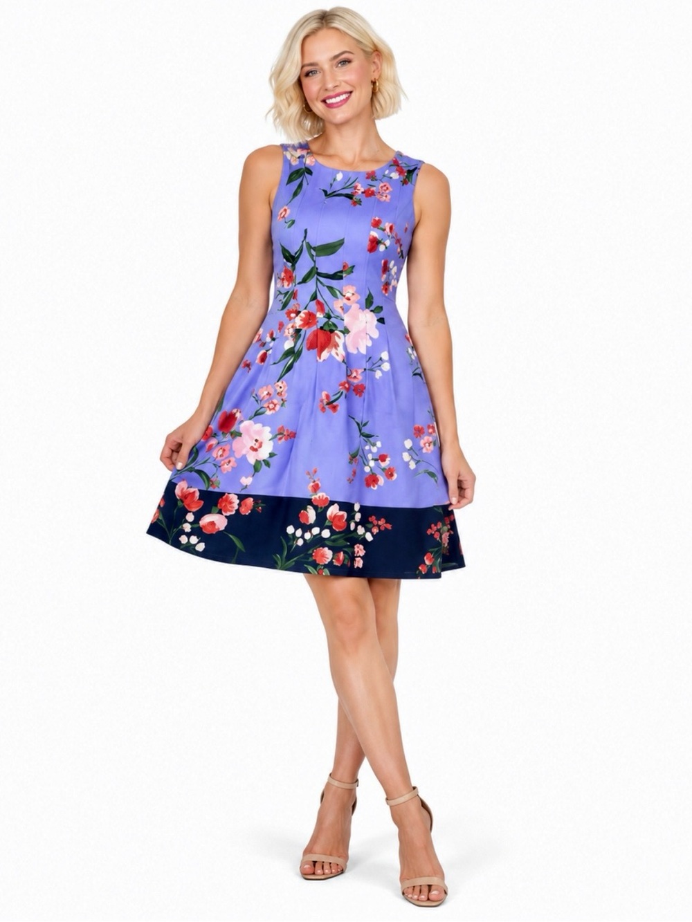 Vince Camuto Periwinkle Floral Pleated Sleeveless Shift Dress Sz 4 Wedding Guest